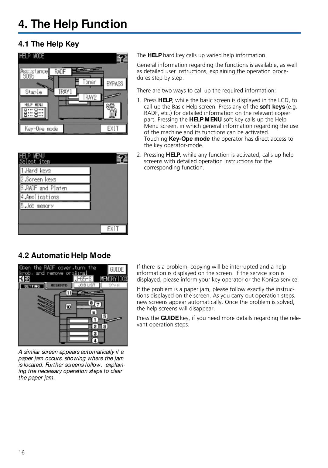 Konica Minolta 7020 instruction manual Help Function, Help Key, Automatic Help Mode 