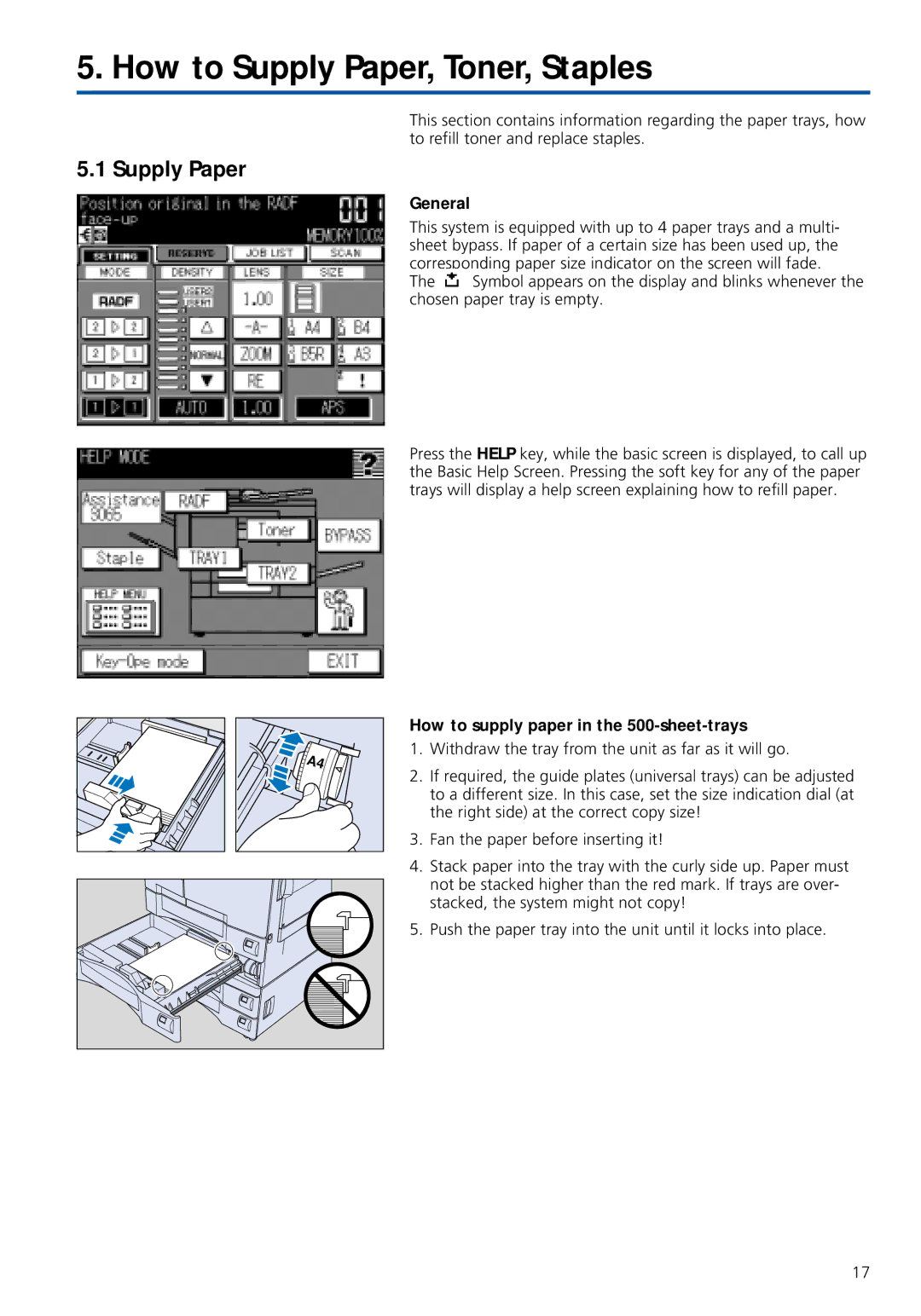 Konica Minolta 7020 How to Supply Paper, Toner, Staples, General, How to supply paper in the 500-sheet-trays 