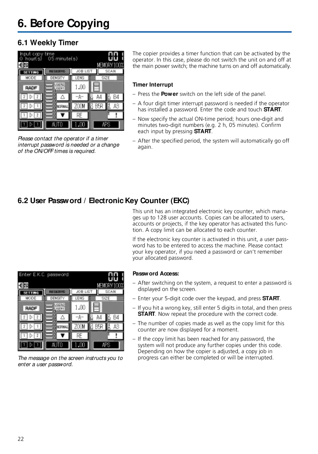 Konica Minolta 7020 Before Copying, Weekly Timer, User Password / Electronic Key Counter EKC, Timer Interrupt 
