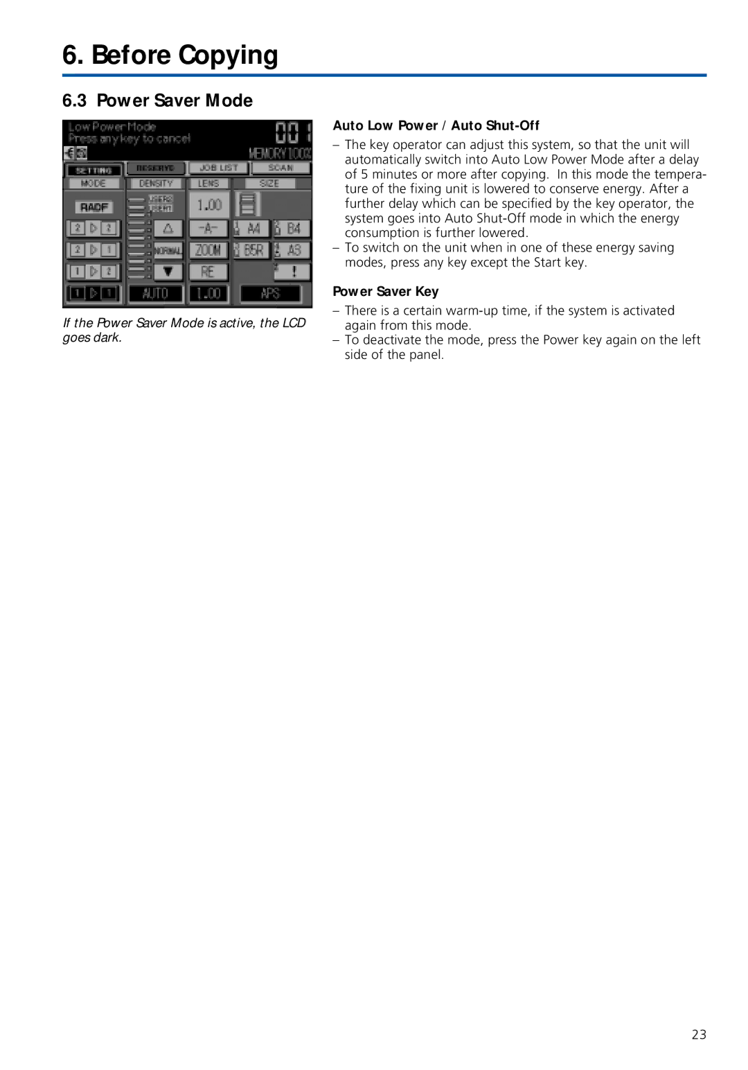 Konica Minolta 7020 instruction manual Power Saver Mode, Auto Low Power / Auto Shut-Off, Power Saver Key 