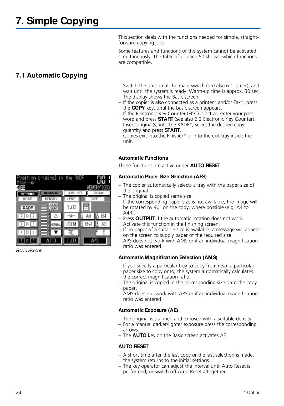 Konica Minolta 7020 instruction manual Simple Copying, Automatic Copying, Auto Reset 