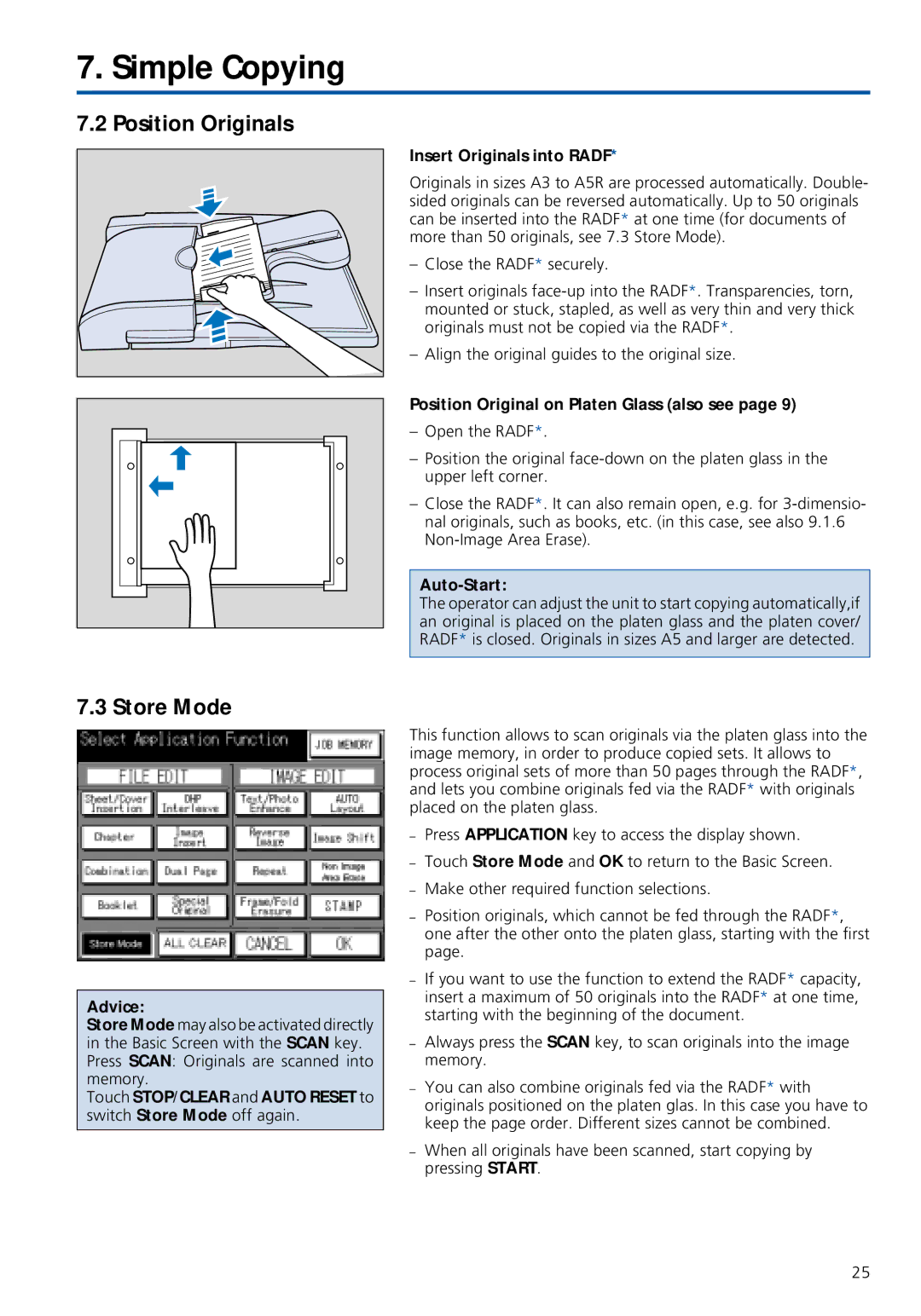 Konica Minolta 7020 Position Originals Store Mode, Advice, Position Original on Platen Glass also see, Auto-Start 