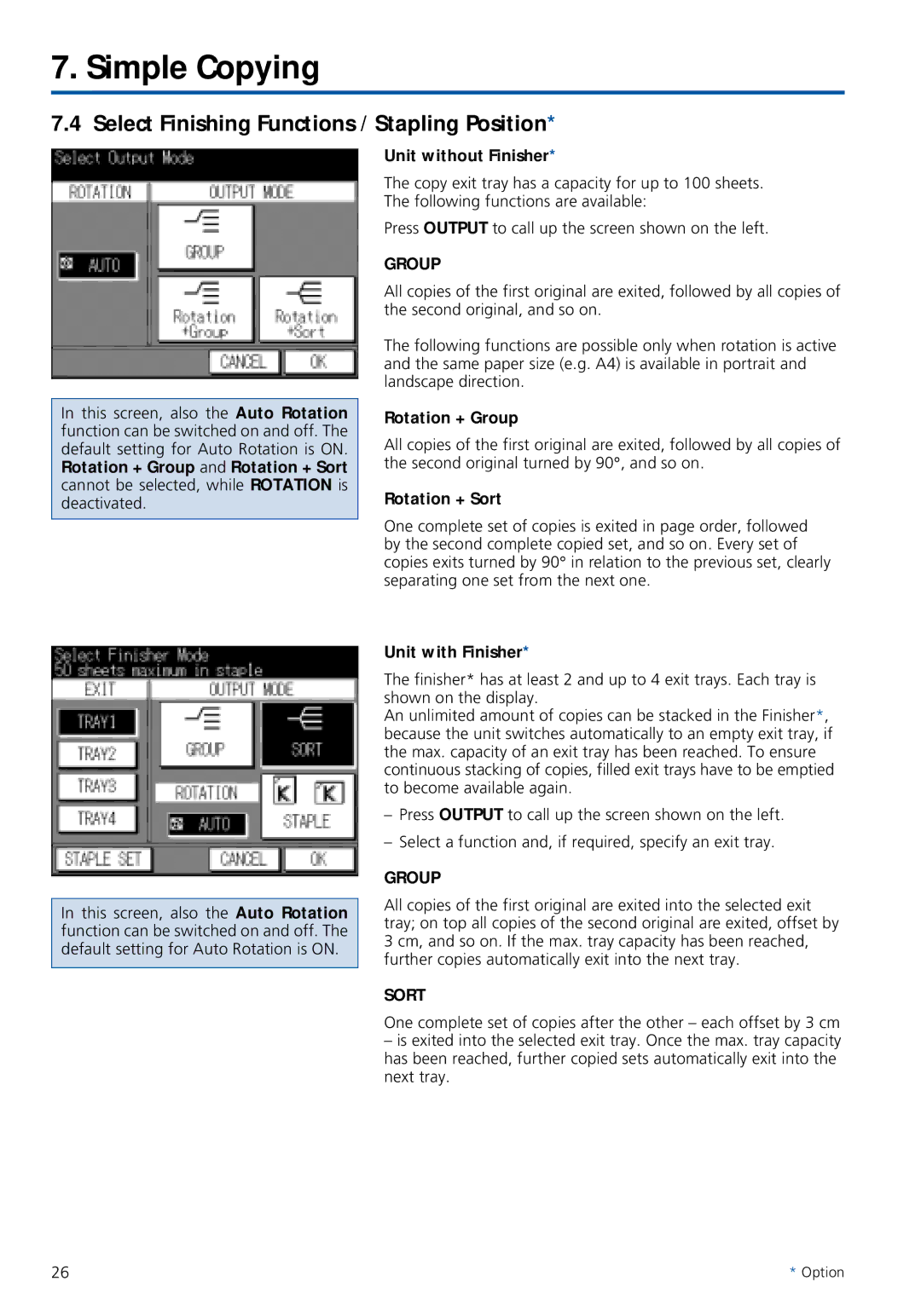 Konica Minolta 7020 instruction manual Select Finishing Functions / Stapling Position, Group, Sort 