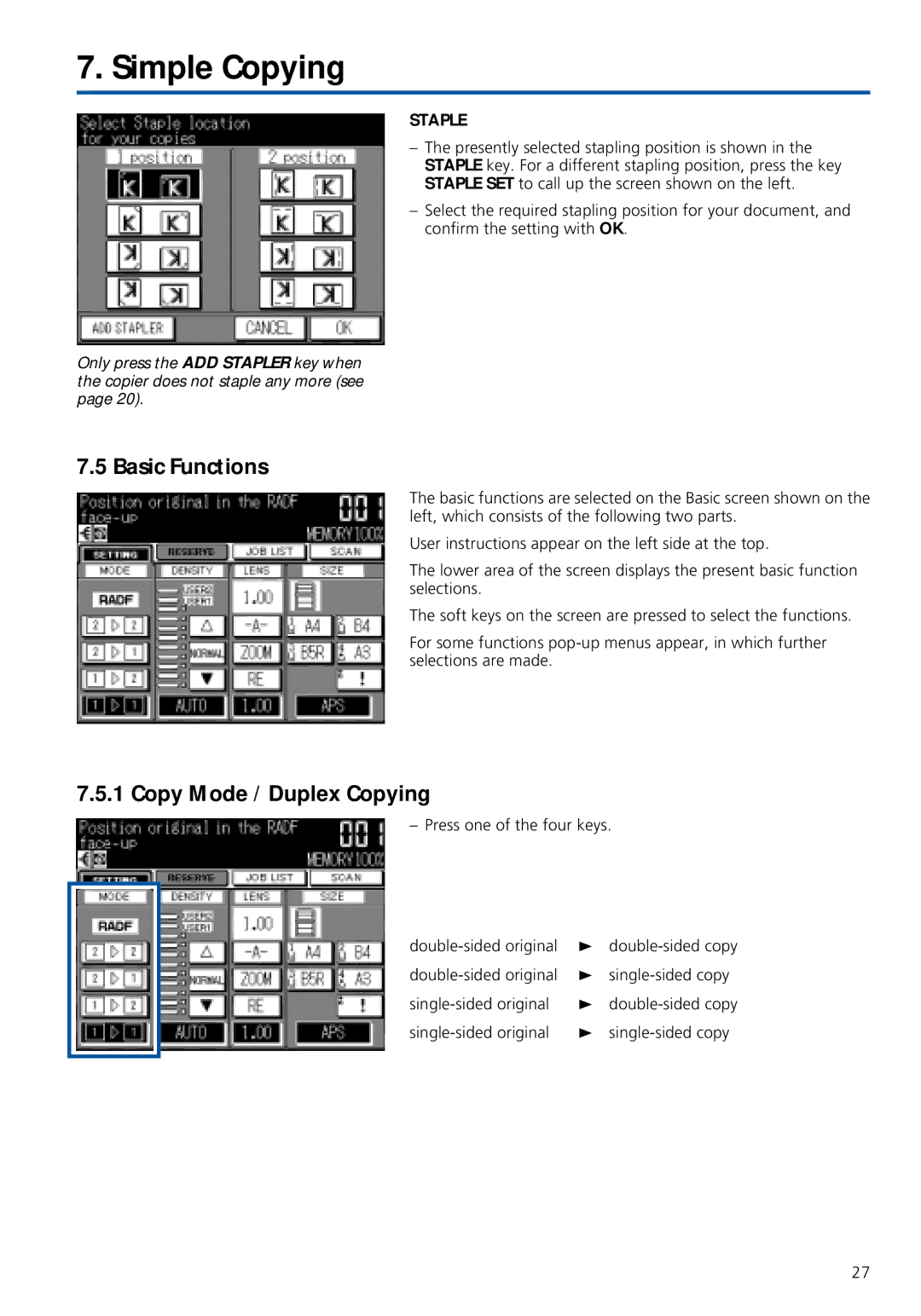 Konica Minolta 7020 instruction manual Basic Functions, Copy Mode / Duplex Copying, Staple 