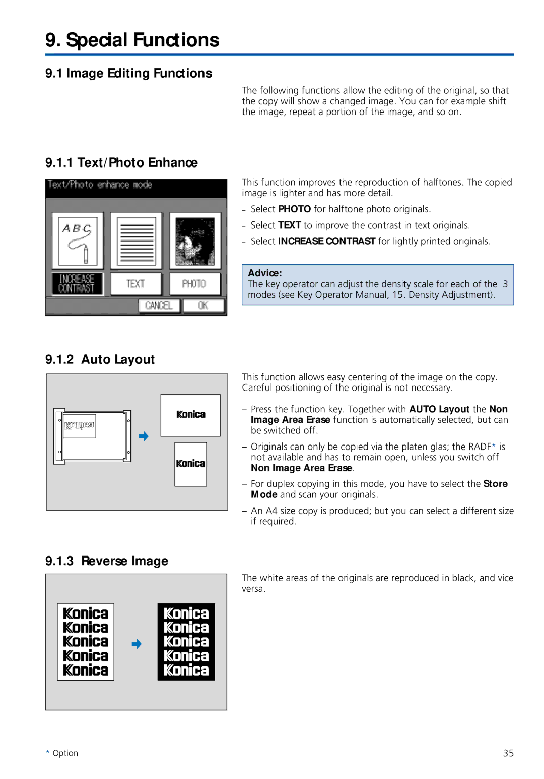 Konica Minolta 7020 instruction manual Image Editing Functions, Text/Photo Enhance, Auto Layout Reverse Image 