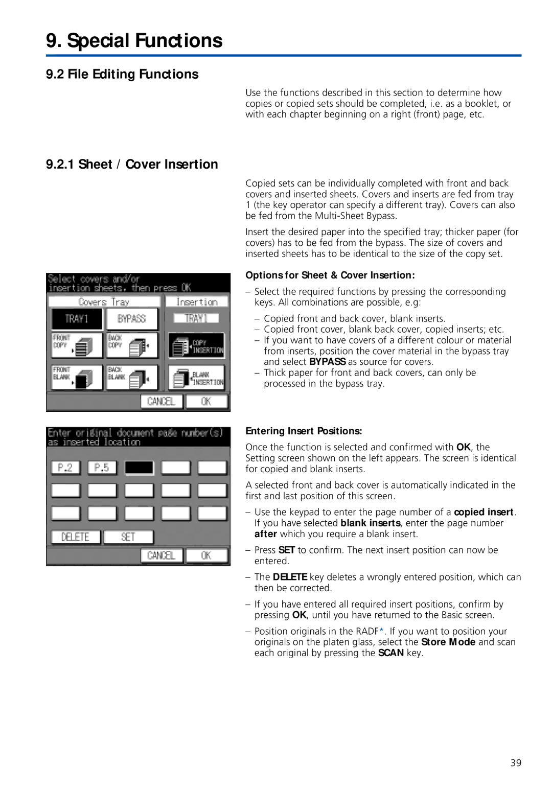 Konica Minolta 7020 instruction manual File Editing Functions, Sheet / Cover Insertion, Options for Sheet & Cover Insertion 