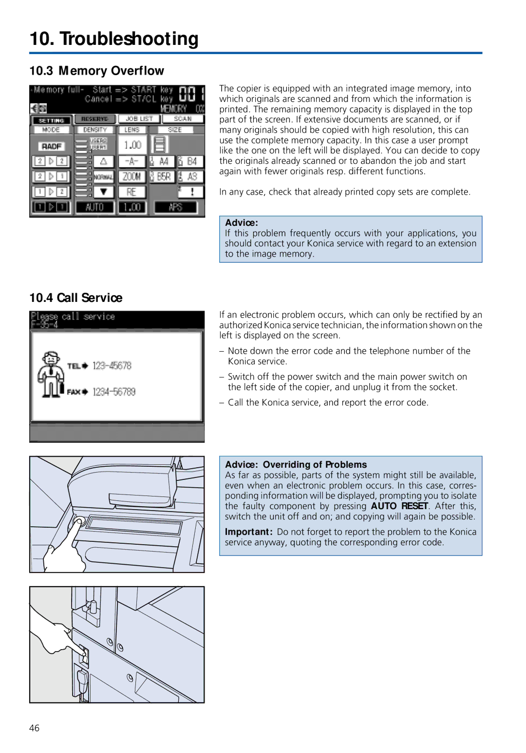 Konica Minolta 7020 instruction manual Memory Overflow Call Service, Advice Overriding of Problems 