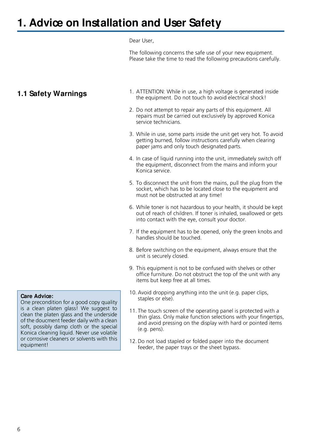 Konica Minolta 7020 instruction manual Advice on Installation and User Safety, Safety Warnings, Care Advice 