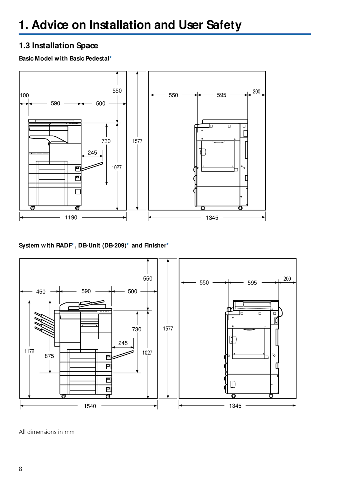 Konica Minolta 7020 Installation Space, Basic Model with Basic Pedestal, System with RADF*, DB-Unit DB-209*and Finisher 