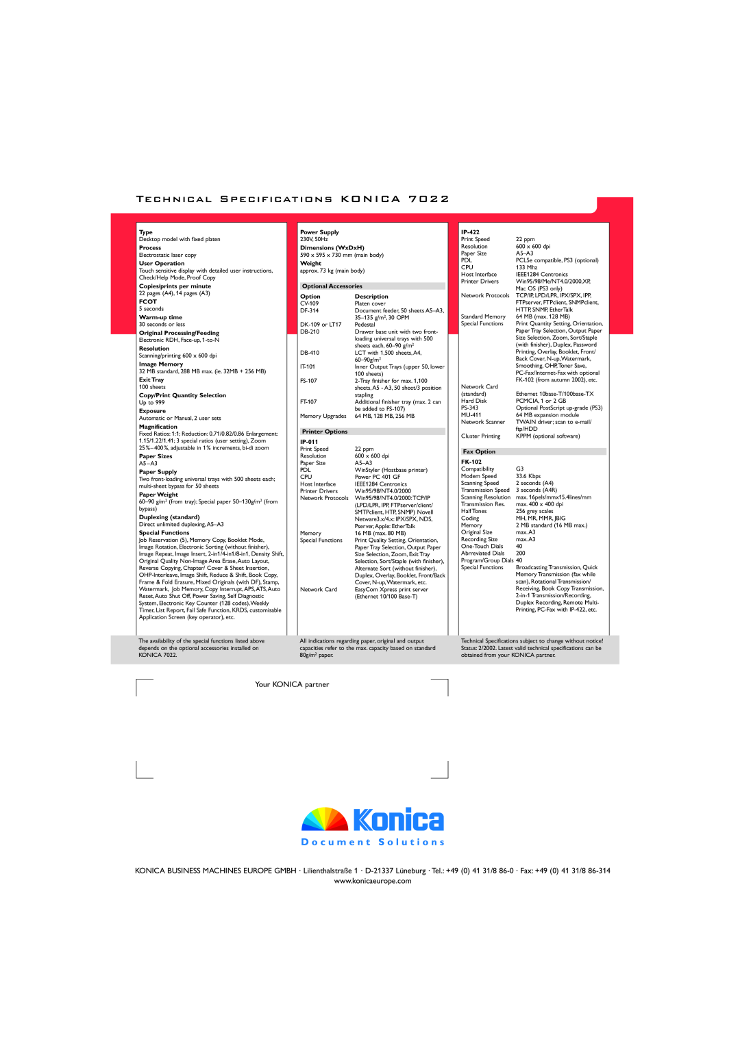 Konica Minolta 7022 manual Technical Specifications KONICA, Your KONICA partner 