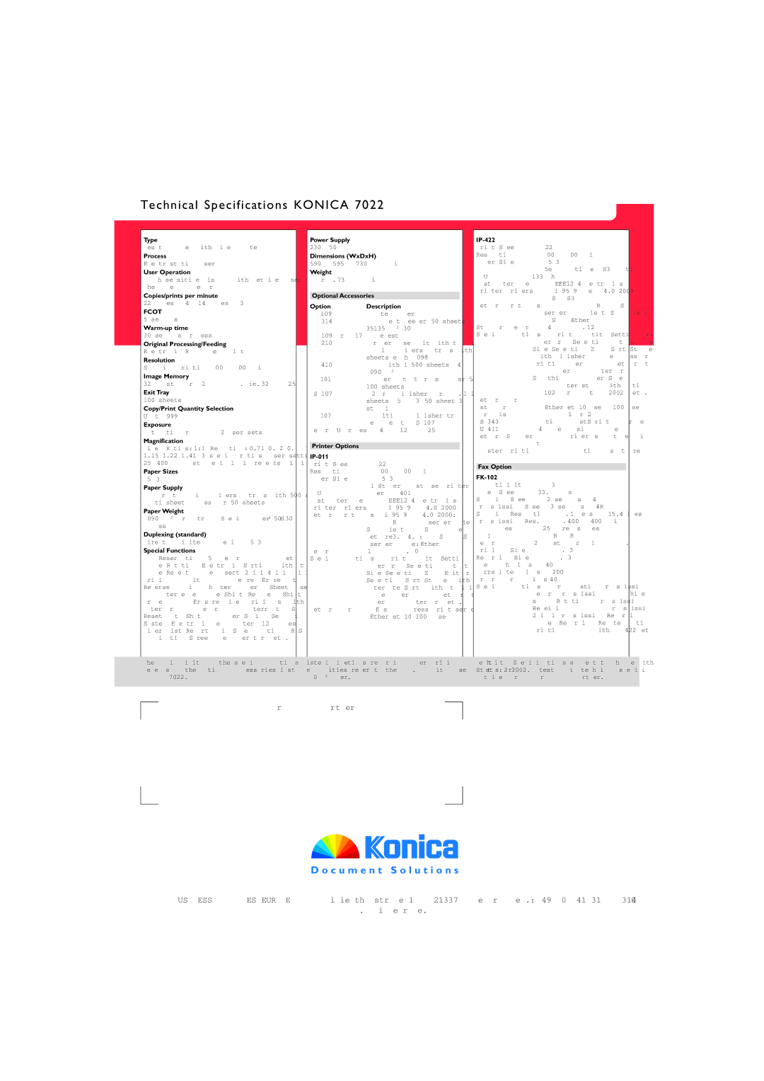 Konica Minolta 7022 manual Technical Specifications Konica 