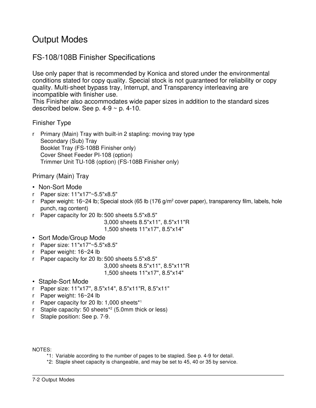 Konica Minolta 7075 manual FS-108/108B Finisher Specifications, Finisher Type, Primary Main Tray 