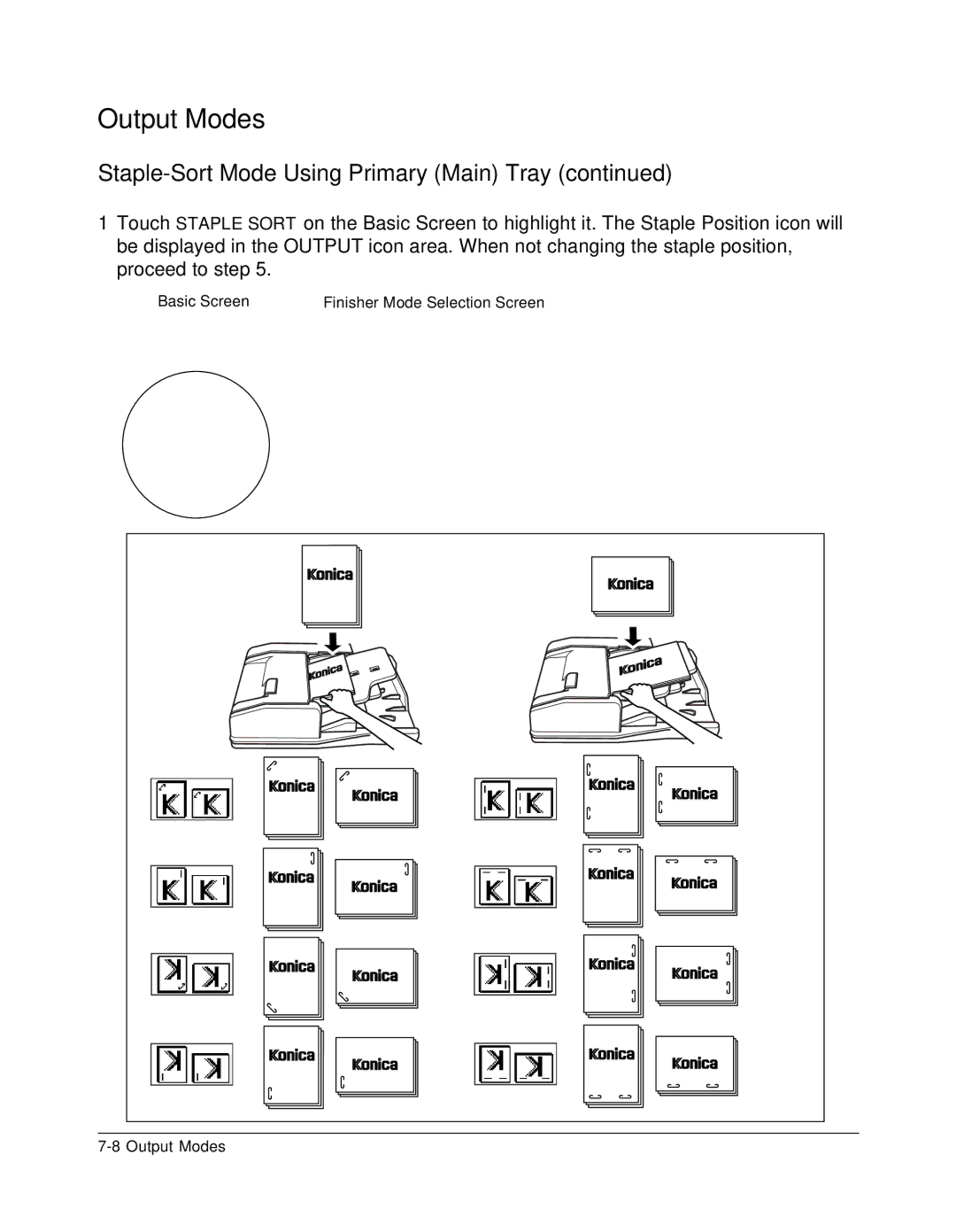Konica Minolta 7075 manual Basic Screen Finisher Mode Selection Screen Output Modes 