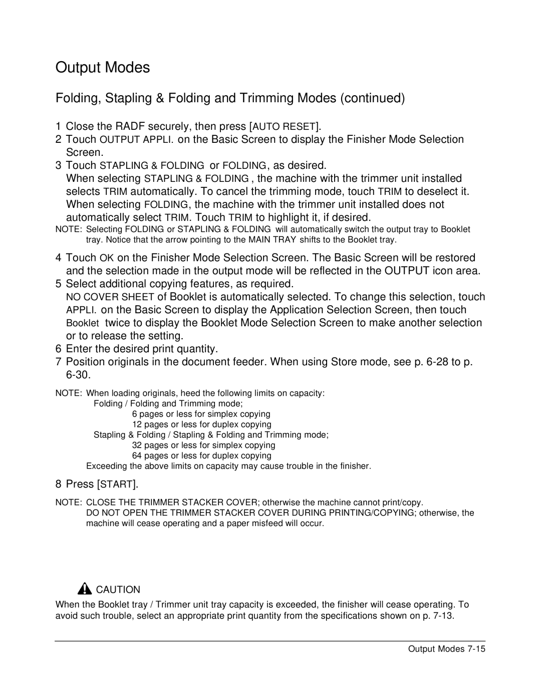 Konica Minolta 7075 manual Touch Stapling & Folding or FOLDING, as desired 