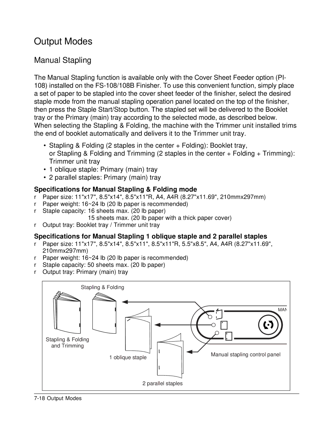 Konica Minolta 7075 manual Specifications for Manual Stapling & Folding mode 