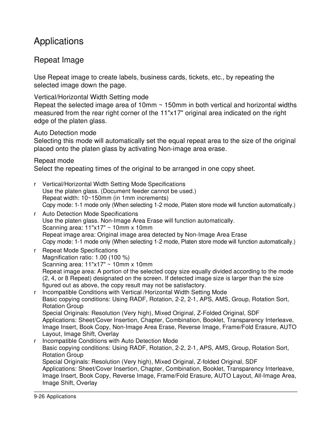 Konica Minolta 7075 manual Vertical/Horizontal Width Setting mode, Auto Detection mode, Repeat mode 