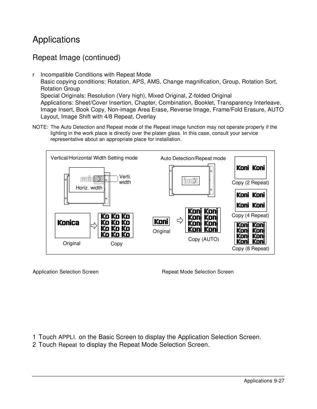 Konica Minolta 7075 manual Incompatible Conditions with Repeat Mode 