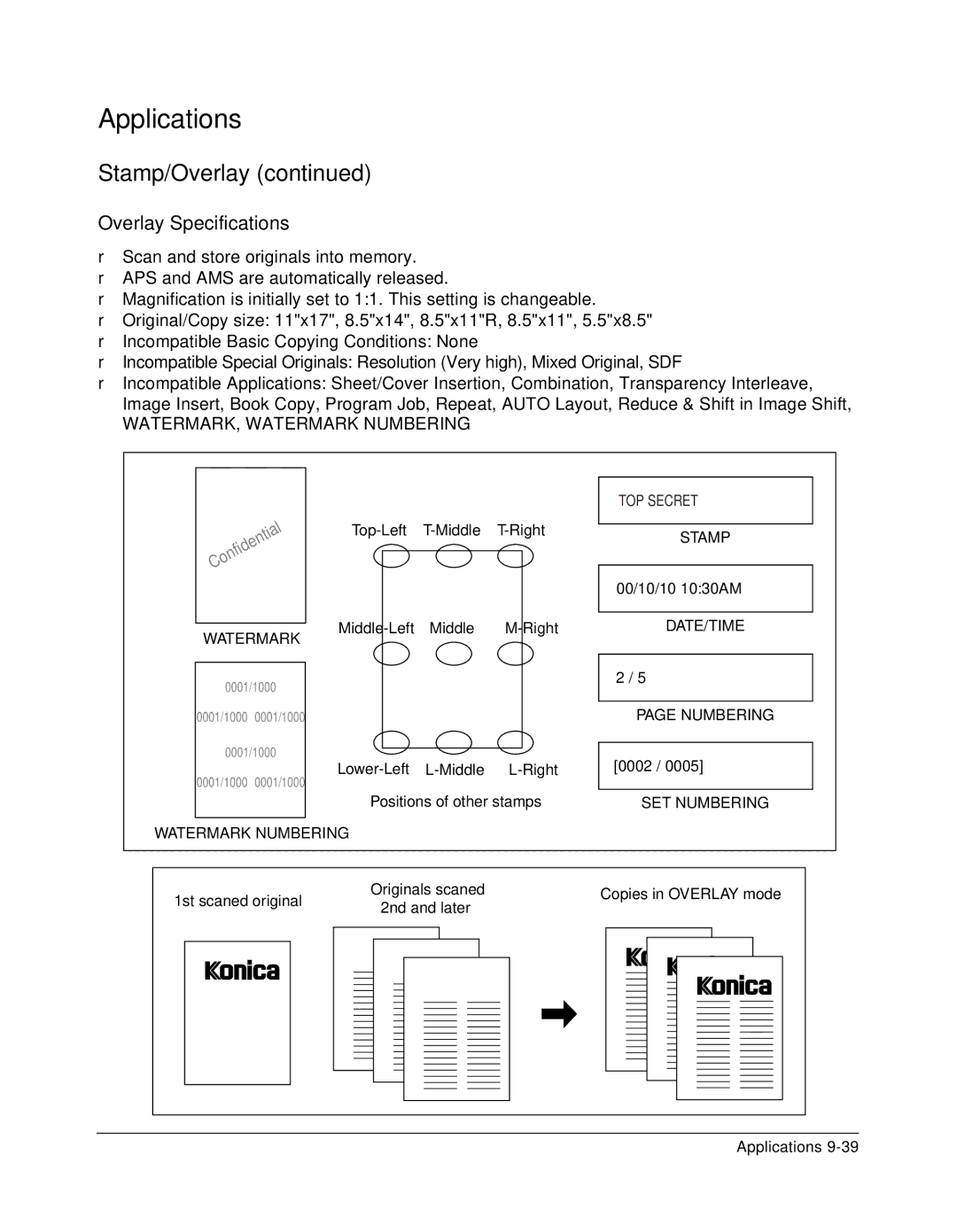 Konica Minolta 7075 manual Overlay Specifications, WATERMARK, Watermark Numbering 