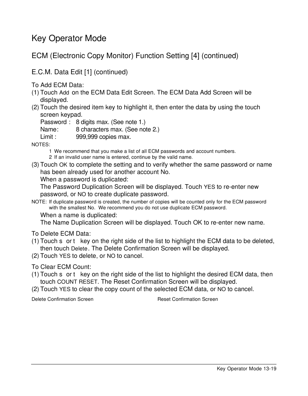 Konica Minolta 7075 manual To Add ECM Data, To Delete ECM Data, To Clear ECM Count 