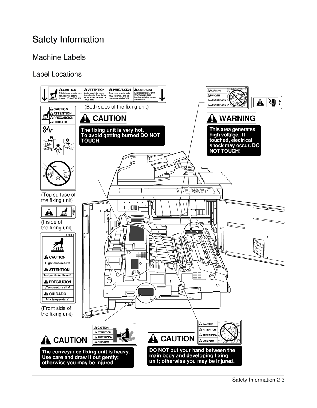 Konica Minolta 7075 manual Label Locations, Cuidado 