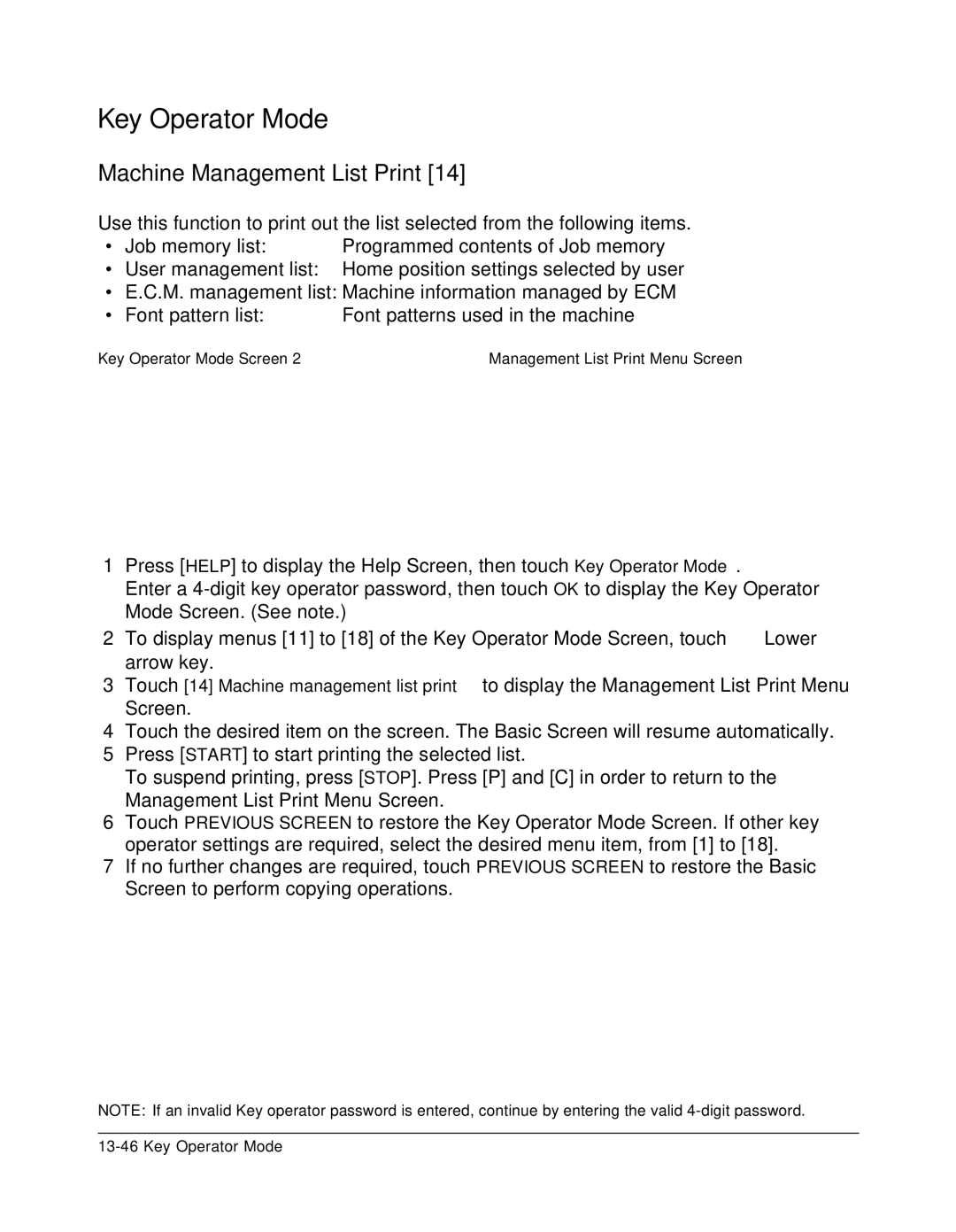 Konica Minolta 7075 manual Key Operator Mode Screen Management List Print Menu Screen 