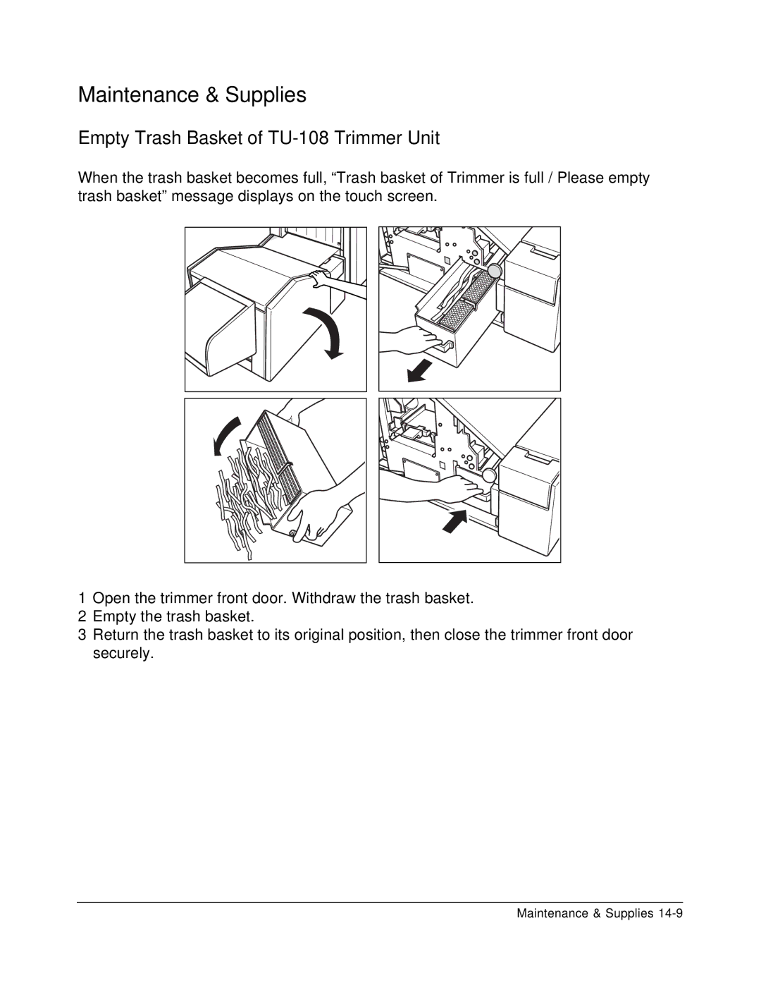 Konica Minolta 7075 manual Empty Trash Basket of TU-108 Trimmer Unit 