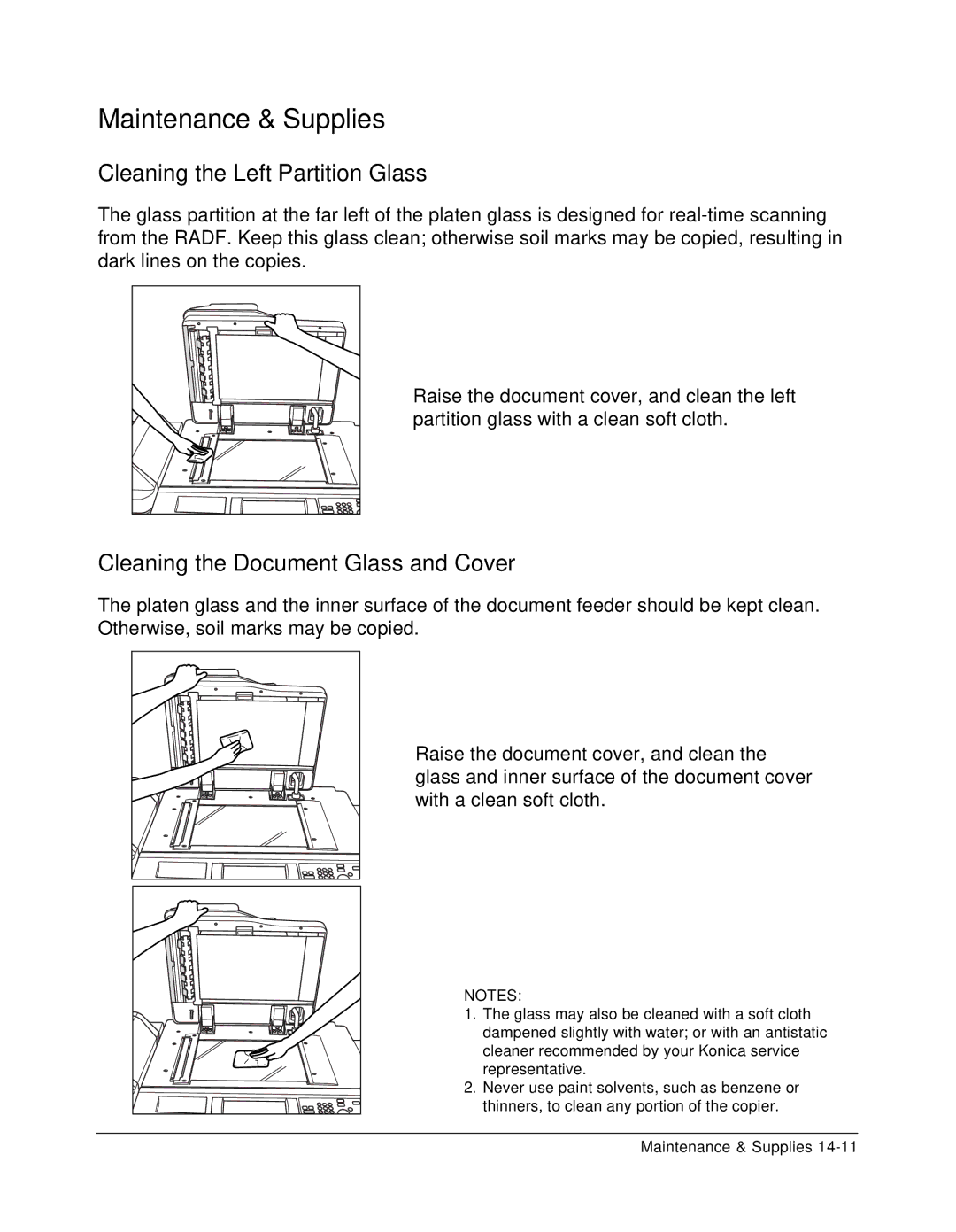 Konica Minolta 7075 manual Cleaning the Left Partition Glass, Cleaning the Document Glass and Cover 