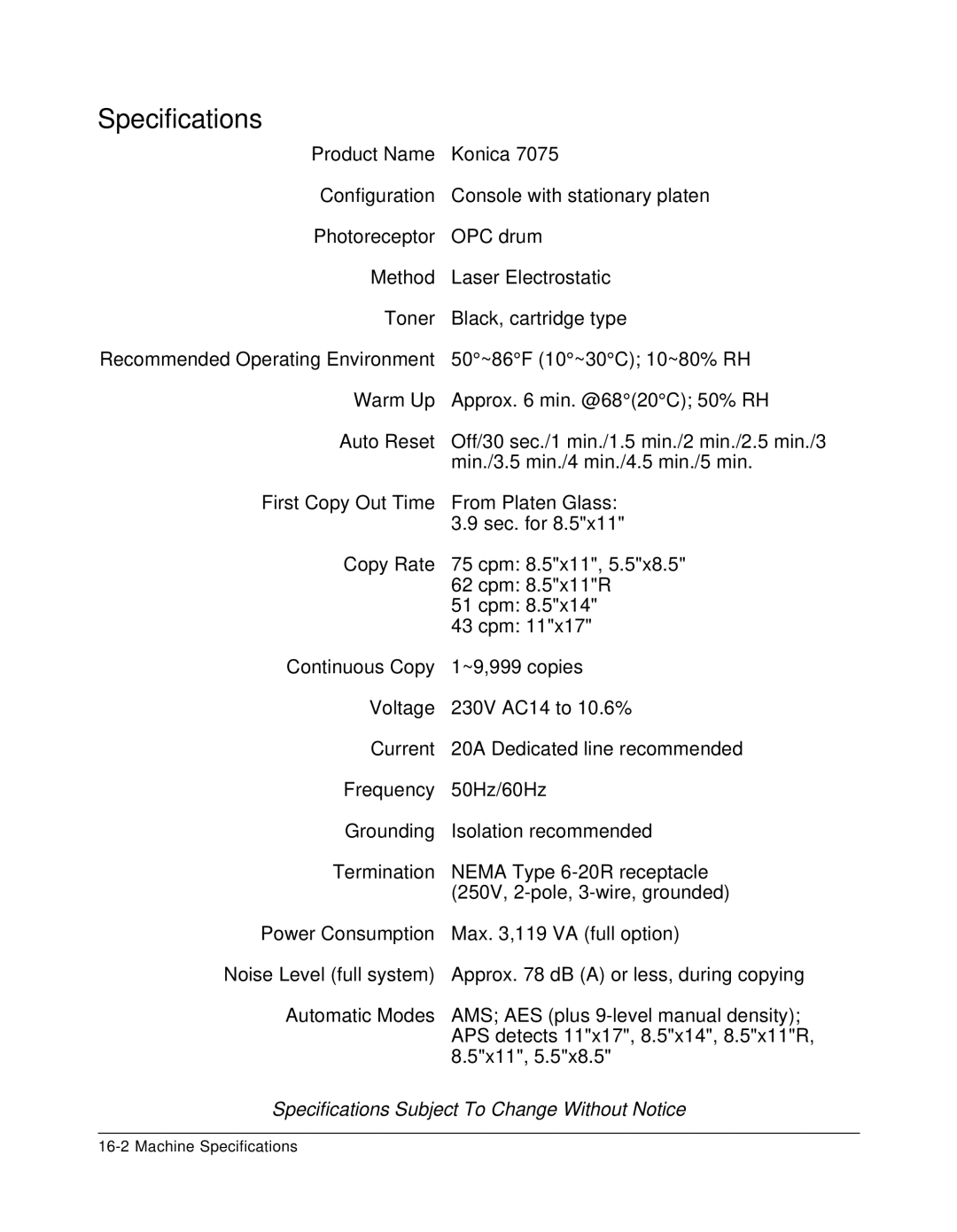 Konica Minolta 7075 manual Specifications 