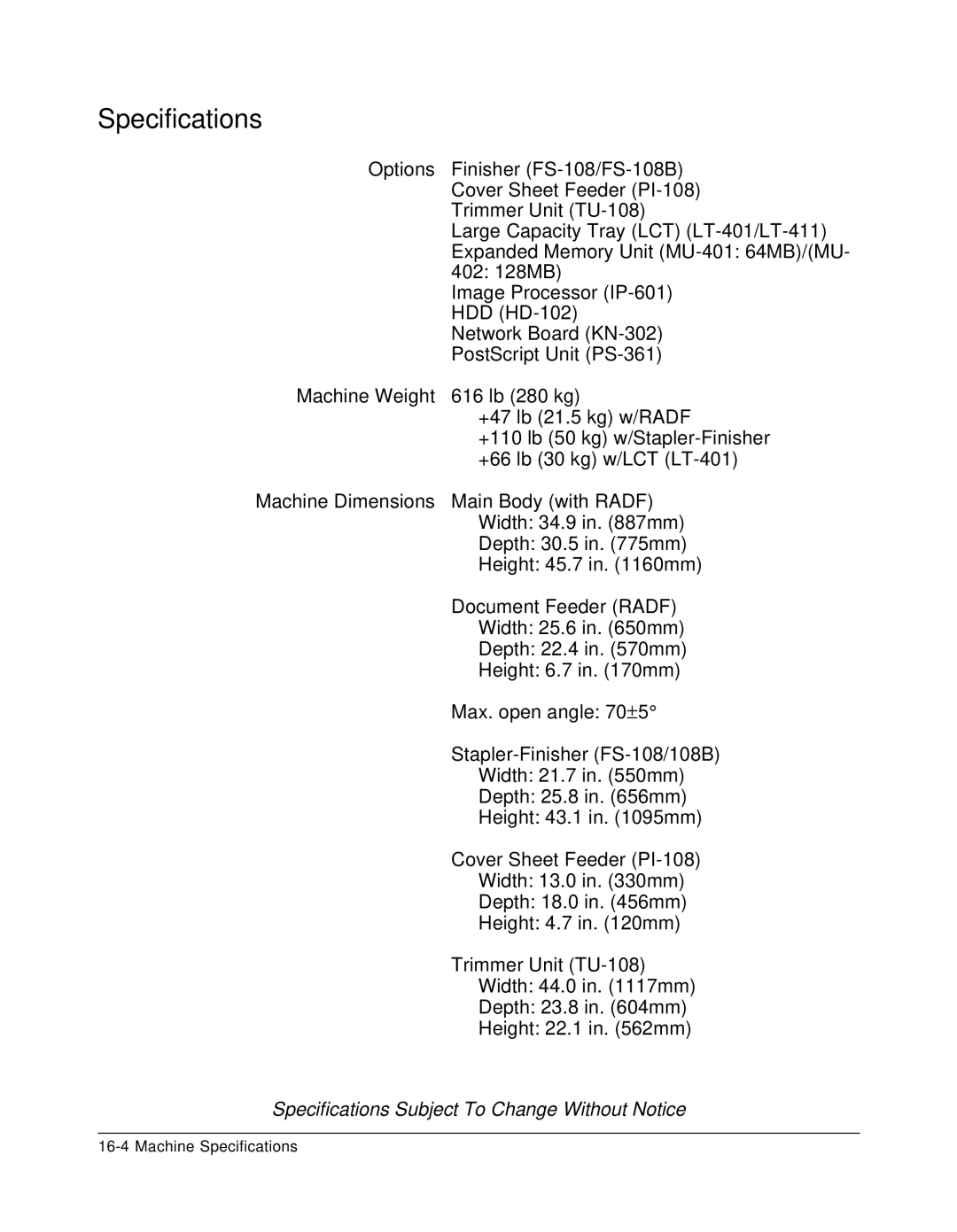 Konica Minolta 7075 manual Specifications 