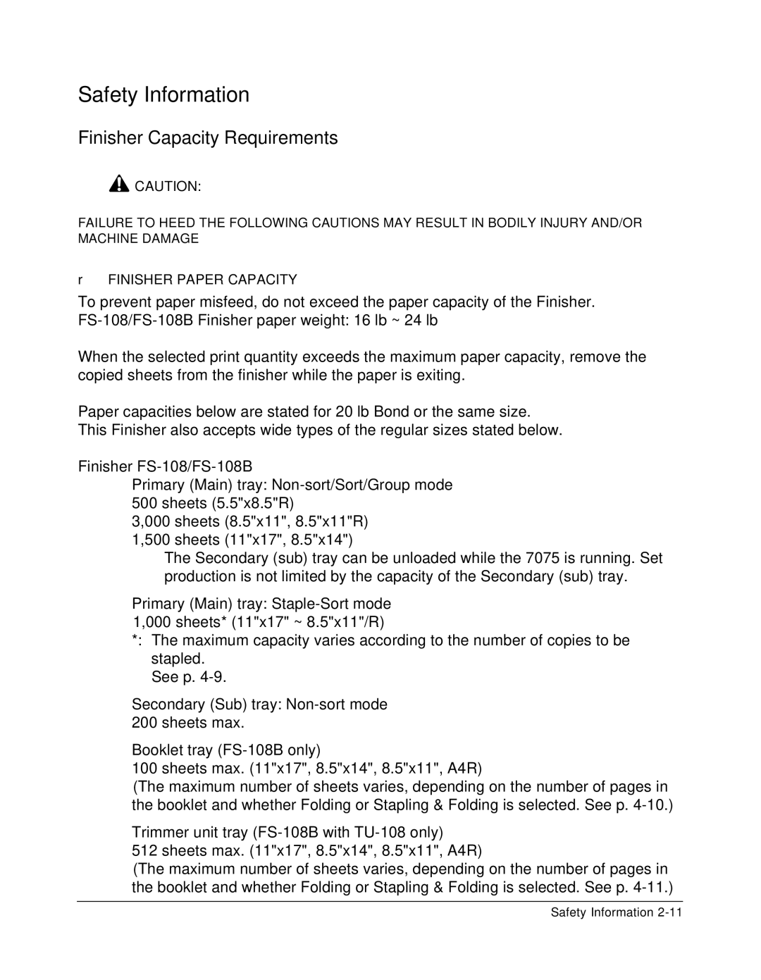 Konica Minolta 7075 manual Finisher Capacity Requirements, Trimmer unit tray FS-108B with TU-108 only 