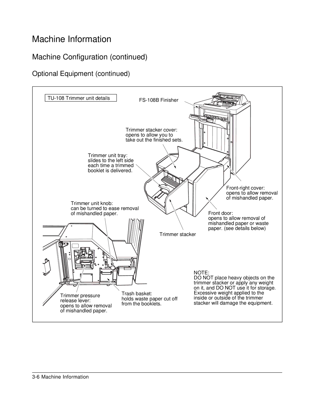 Konica Minolta 7075 manual TU-108 Trimmer unit details FS-108B Finisher 