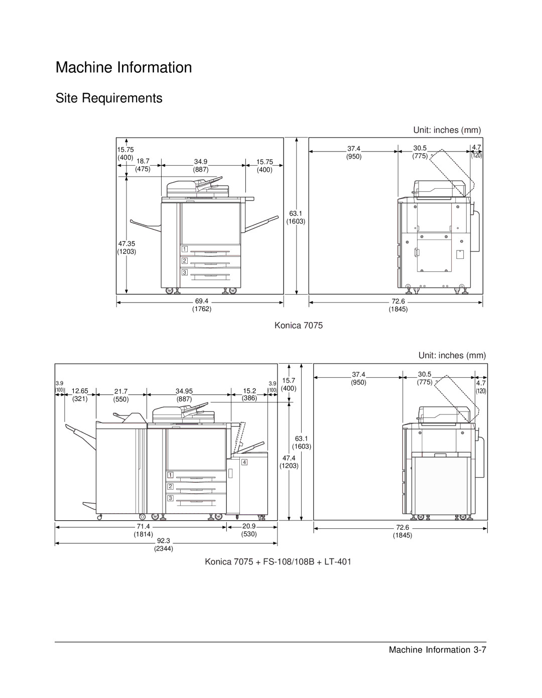 Konica Minolta 7075 manual Site Requirements, Konica Unit inches mm 