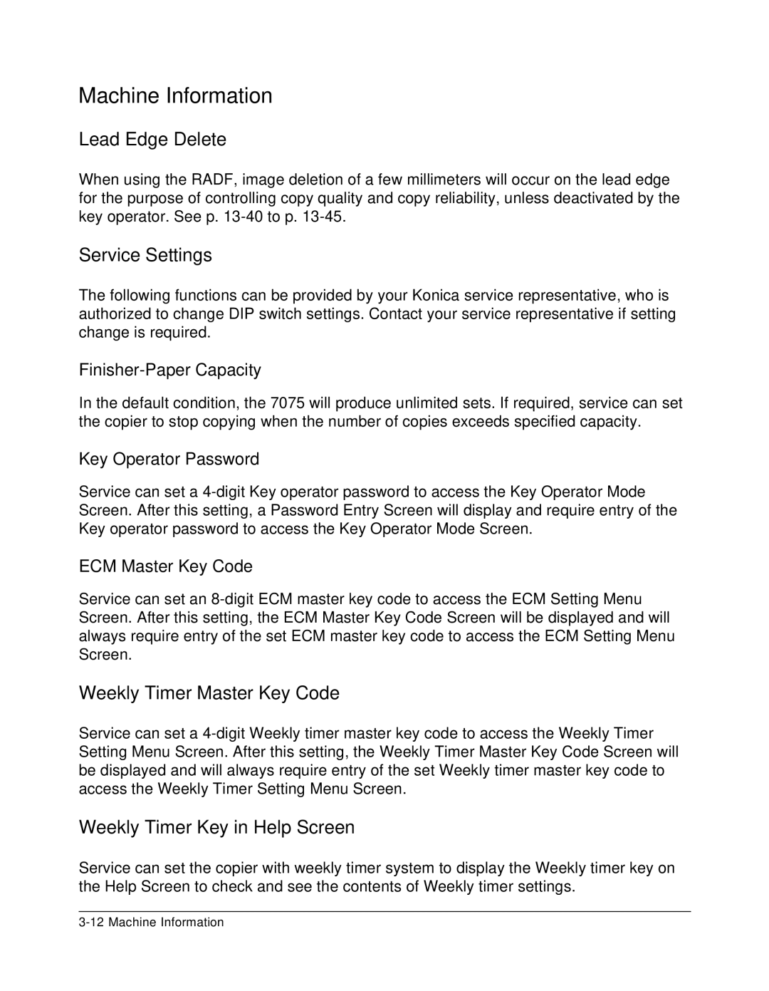 Konica Minolta 7075 manual Weekly Timer Master Key Code, Weekly Timer Key in Help Screen, Finisher-Paper Capacity 