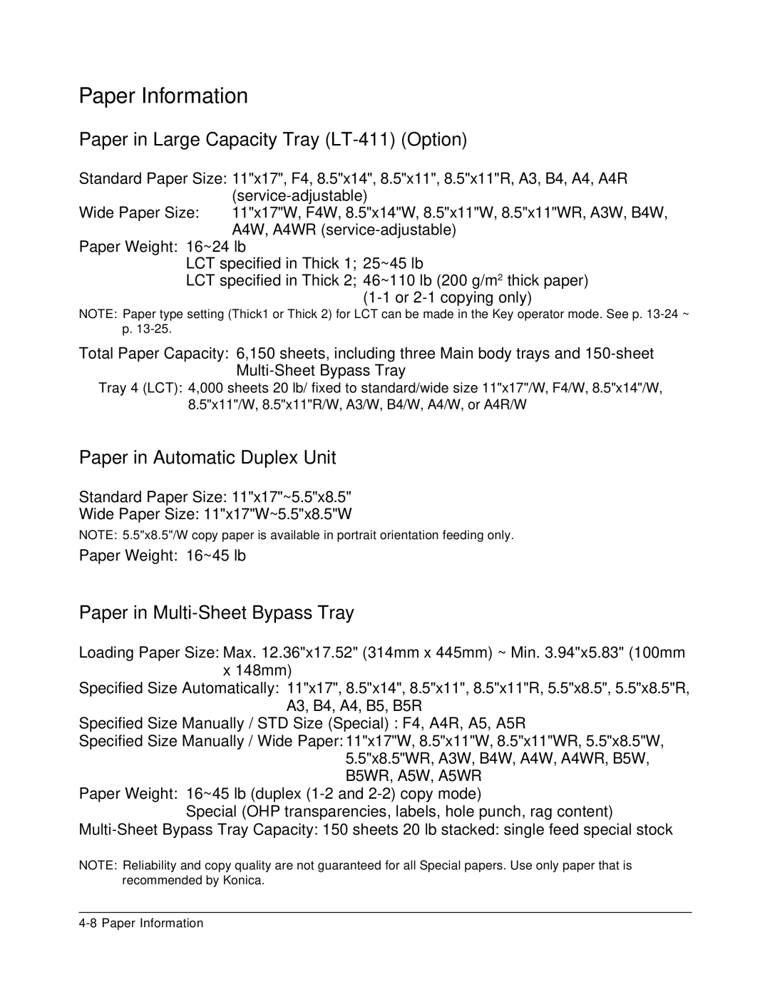 Konica Minolta 7075 manual Paper in Large Capacity Tray LT-411 Option, Paper in Automatic Duplex Unit 