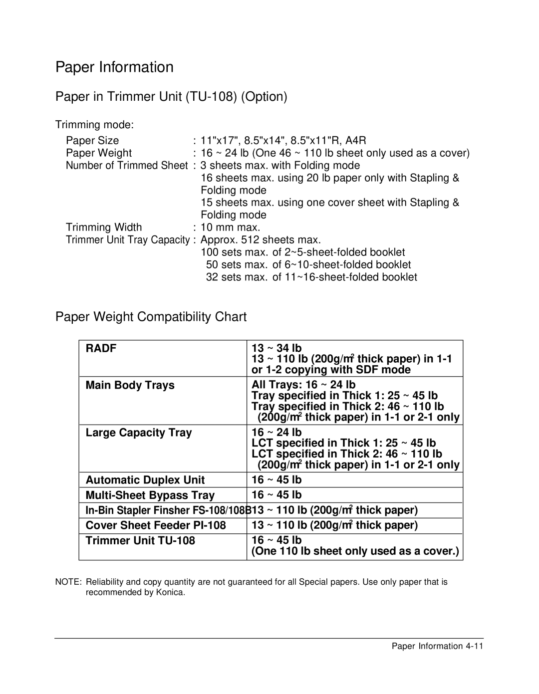 Konica Minolta 7075 manual Paper in Trimmer Unit TU-108 Option, Trimming mode 