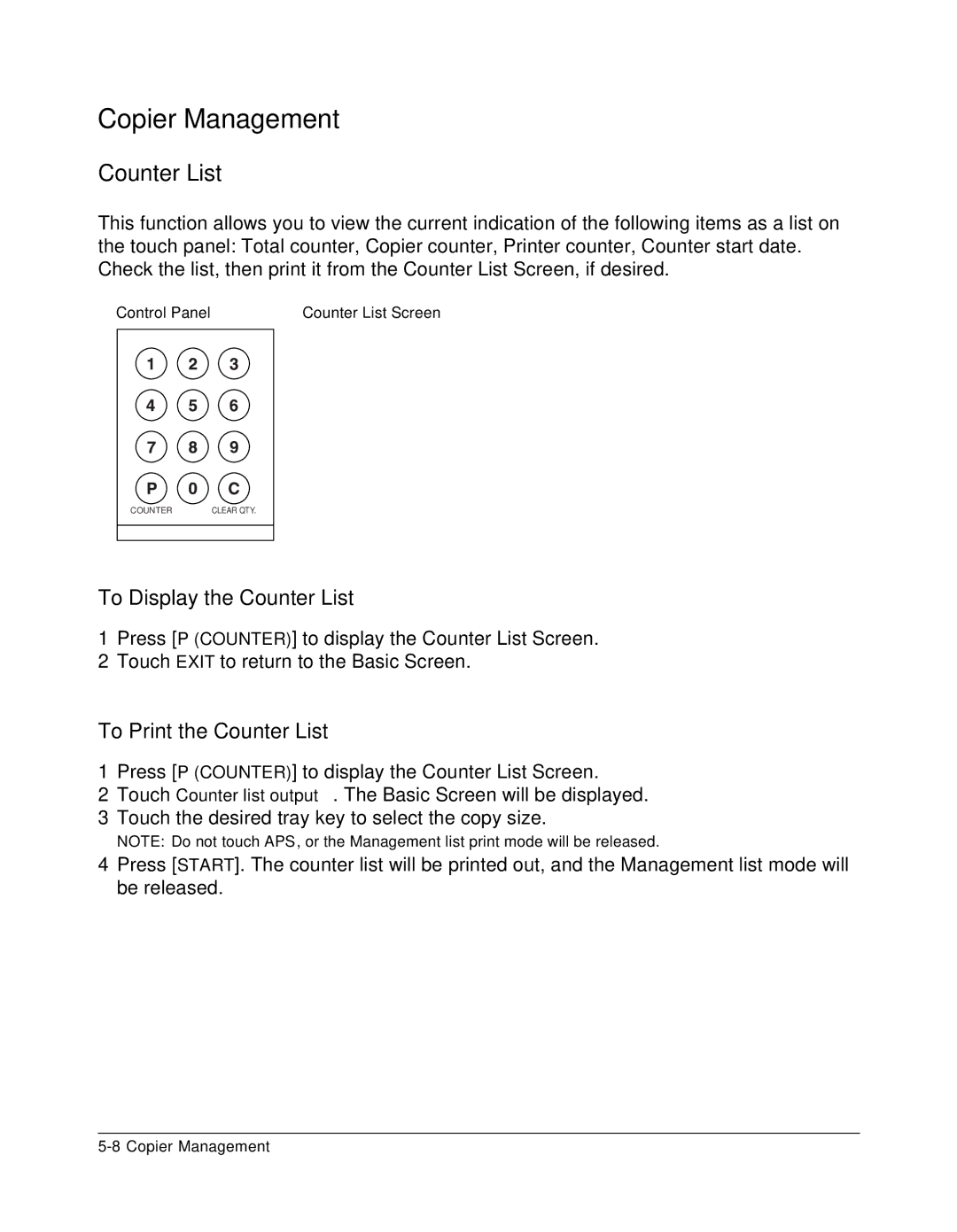 Konica Minolta 7075 manual To Display the Counter List, To Print the Counter List 