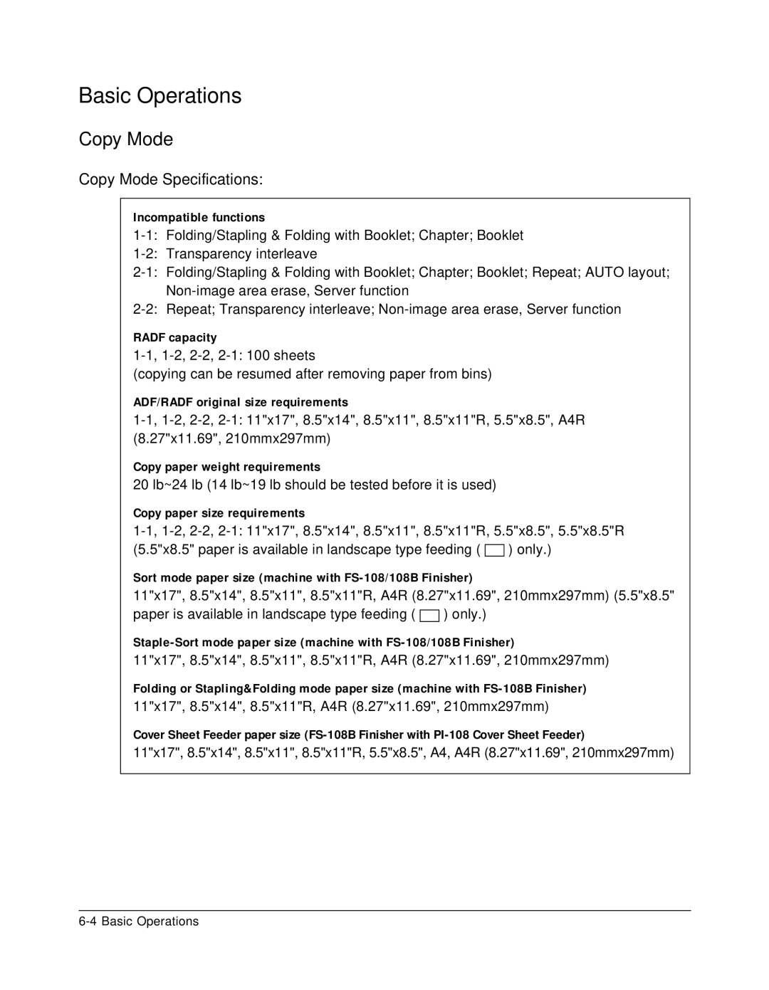 Konica Minolta 7075 manual Copy Mode Specifications 