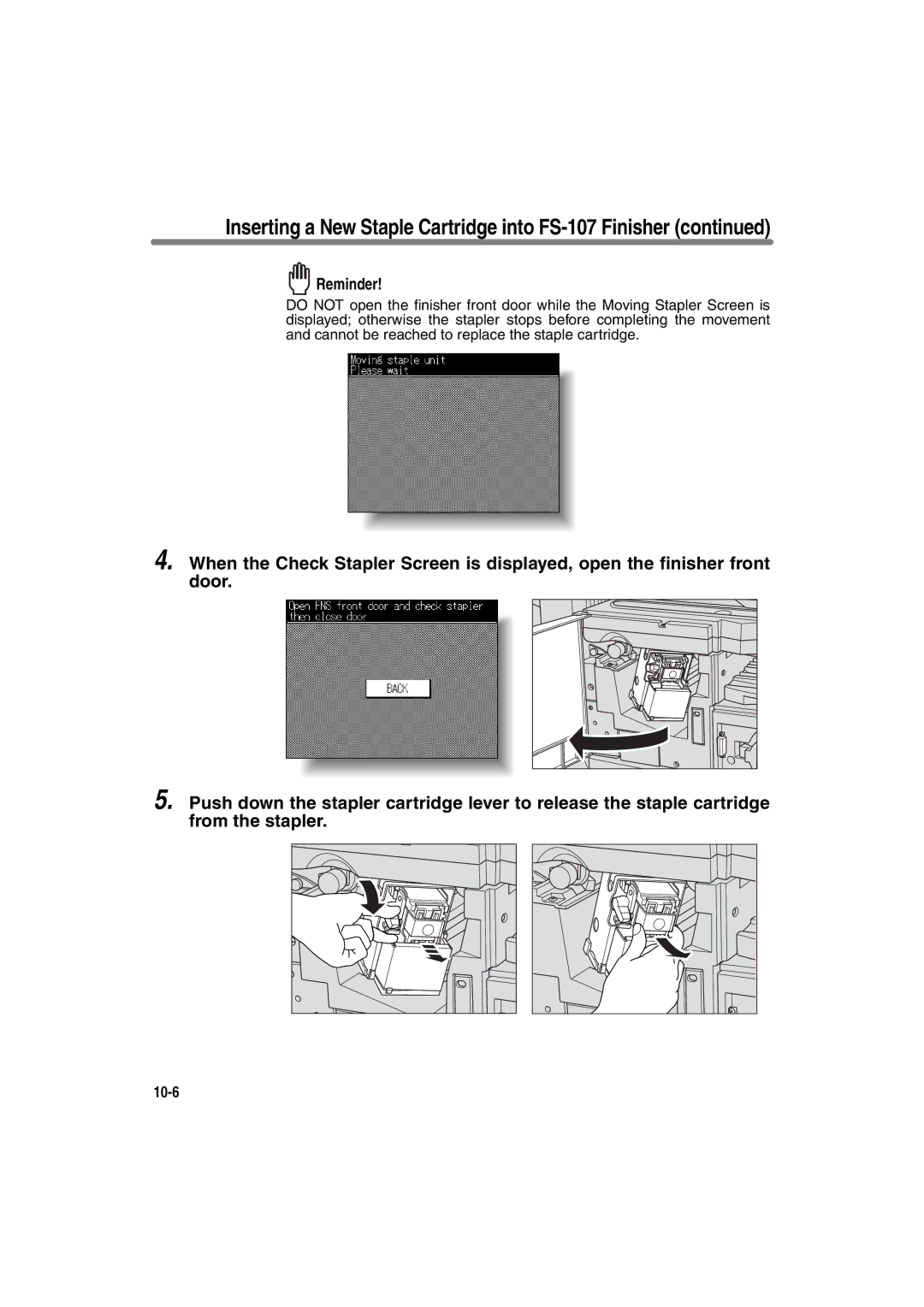 Konica Minolta 7135, 7130 manual Inserting a New Staple Cartridge into FS-107 Finisher 