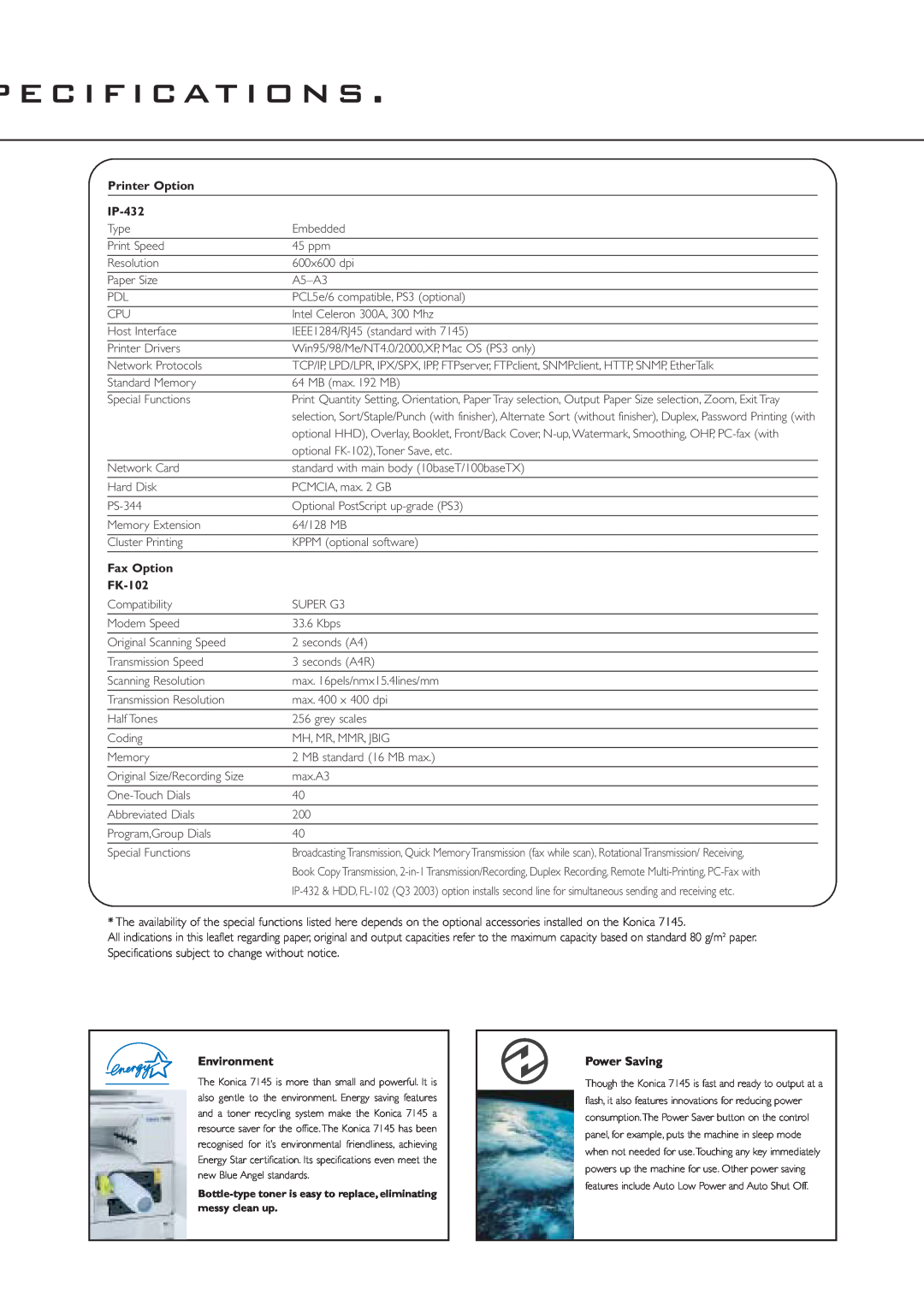 Konica Minolta 7145 manual p e c i f i c at i o n s, Printer Option, IP-432, Fax Option, FK-102, Environment, Power Saving 