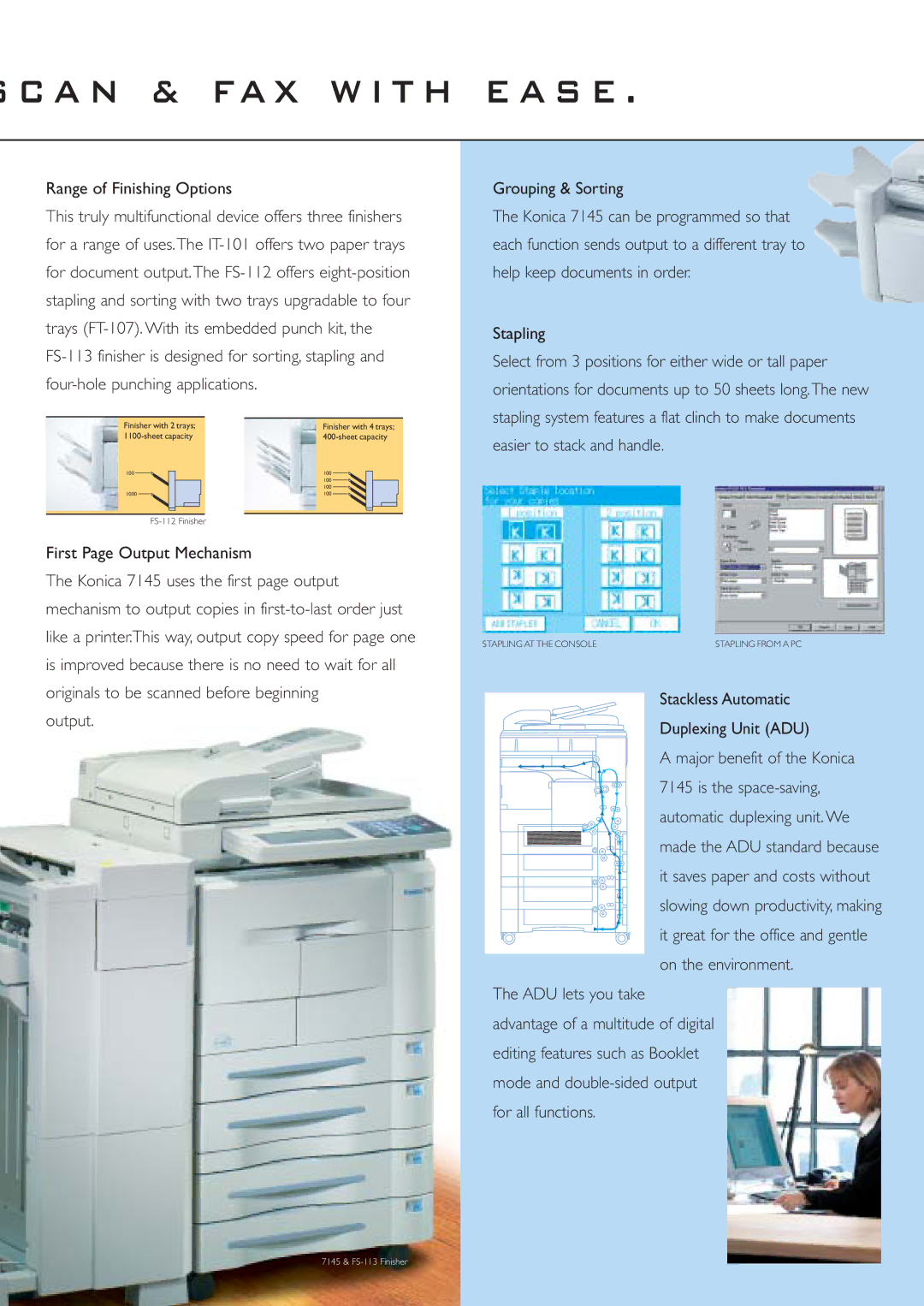 Konica Minolta 7145 manual A N & FAX W I T H E a S E, Range of Finishing Options, First Page Output Mechanism 