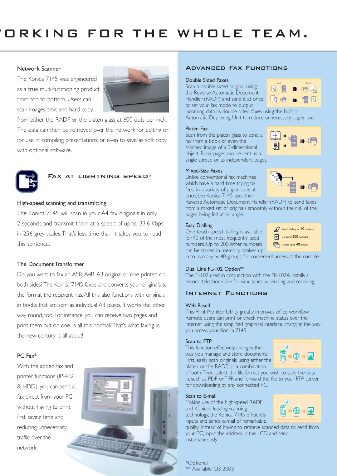 Konica Minolta 7145 manual Orking for the Whole Team, Fax at lightning speed, Advanced Fax Functions, Internet Functions 