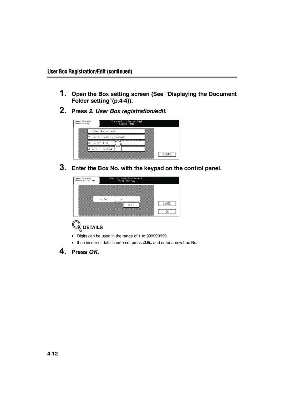 Konica Minolta 7222 manual User Box Registration/Edit continued, Press 2. User Box registration/edit, Press OK, Details 