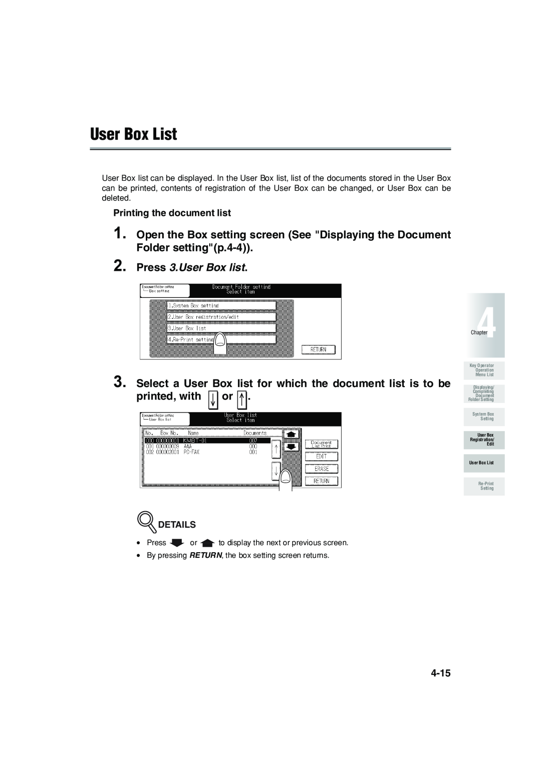 Konica Minolta 7222 manual User Box List, Press 3.User Box list 