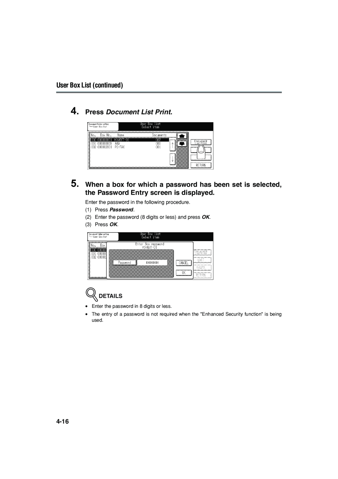 Konica Minolta 7222 manual User Box List continued, Press Document List Print, Details, Press Password 