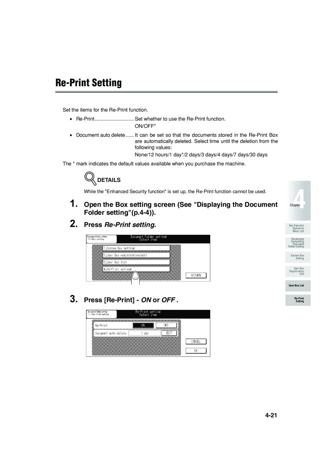 Konica Minolta 7222 manual Re-Print Setting, Press Re-Print setting, Press Re-Print - ON or OFF, Details 