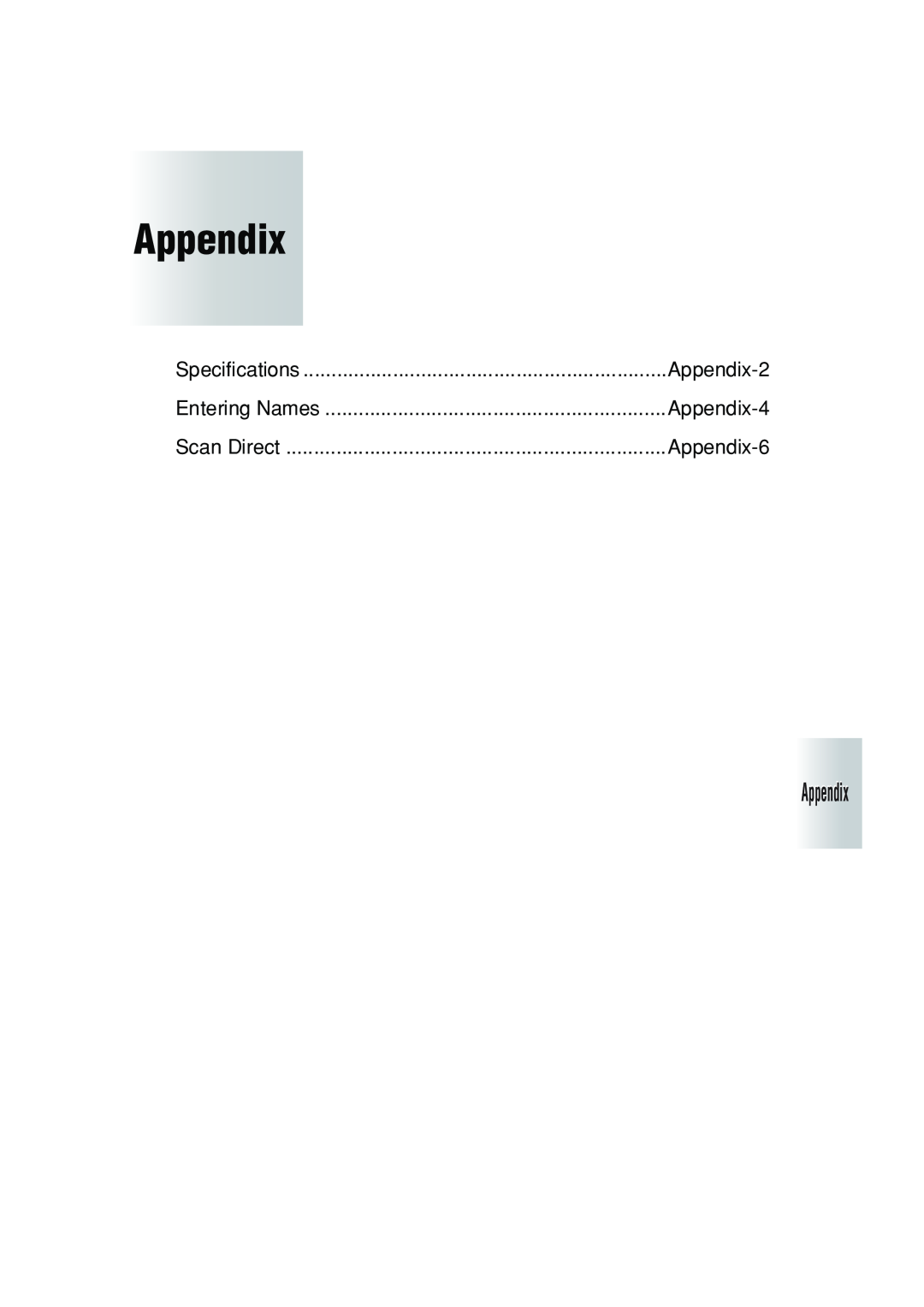 Konica Minolta 7222 manual Appendix-2, Appendix-4, Appendix-6, Specifications, Entering Names, Scan Direct 