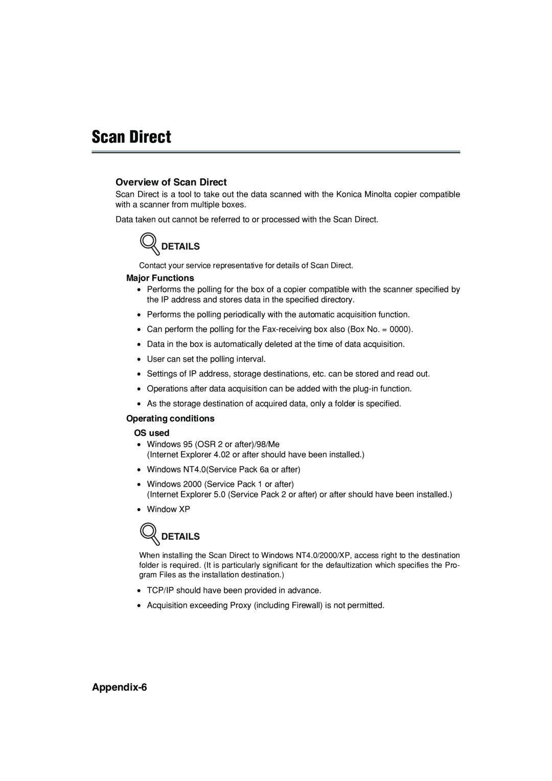 Konica Minolta 7222 manual Appendix-6, Overview of Scan Direct, Details 