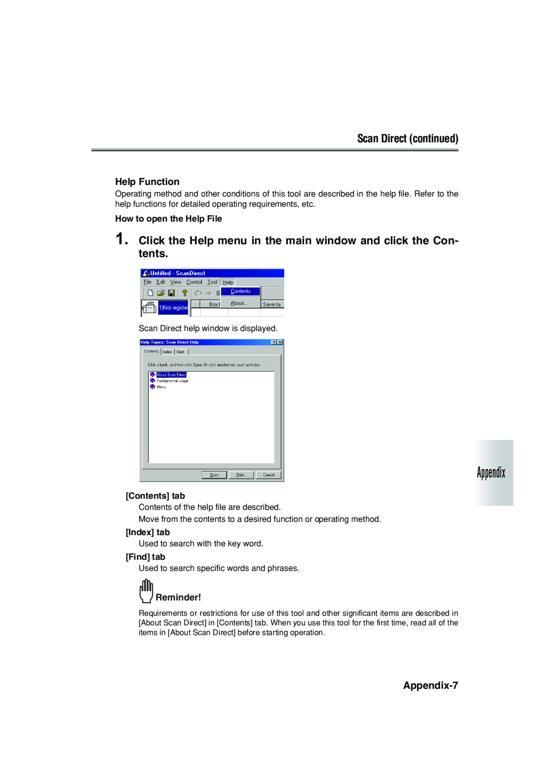 Konica Minolta 7222 manual Scan Direct continued, Click the Help menu in the main window and click the Con- tents, Appendix 
