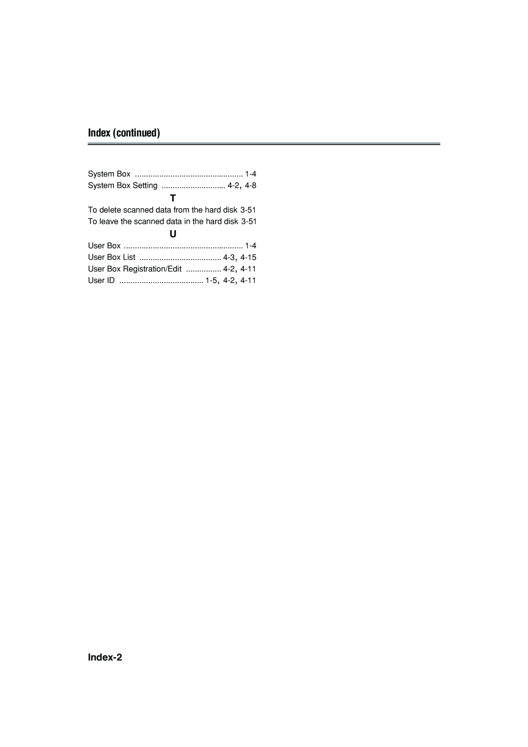 Konica Minolta 7222 manual Index continued, Index-2, System Box Setting, User ID, User Box List 
