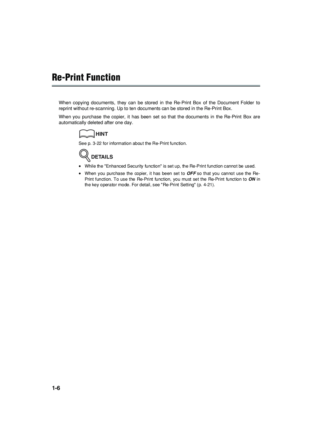 Konica Minolta 7222 manual Re-Print Function, Hint, Details 